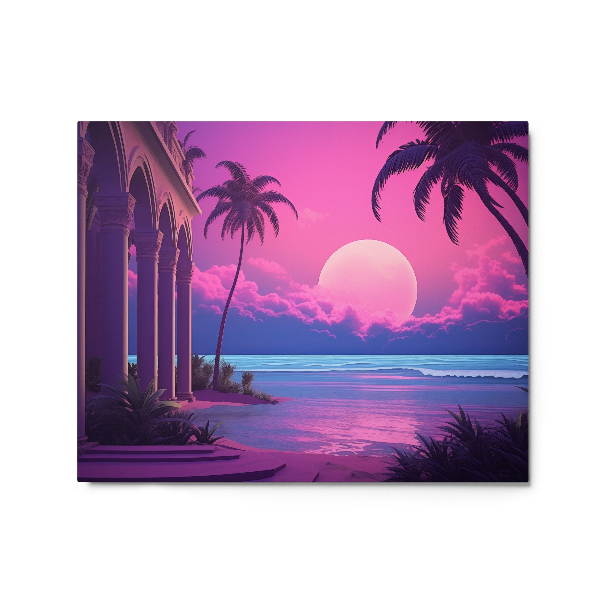 Vaporwave Beach Dreams Metal Print, Rad 80s 90s, Aesthetic, Nostalgia, Neoclassical, Palm Trees, Sunset, Magenta, Blue, Ocean, Retro Vibes