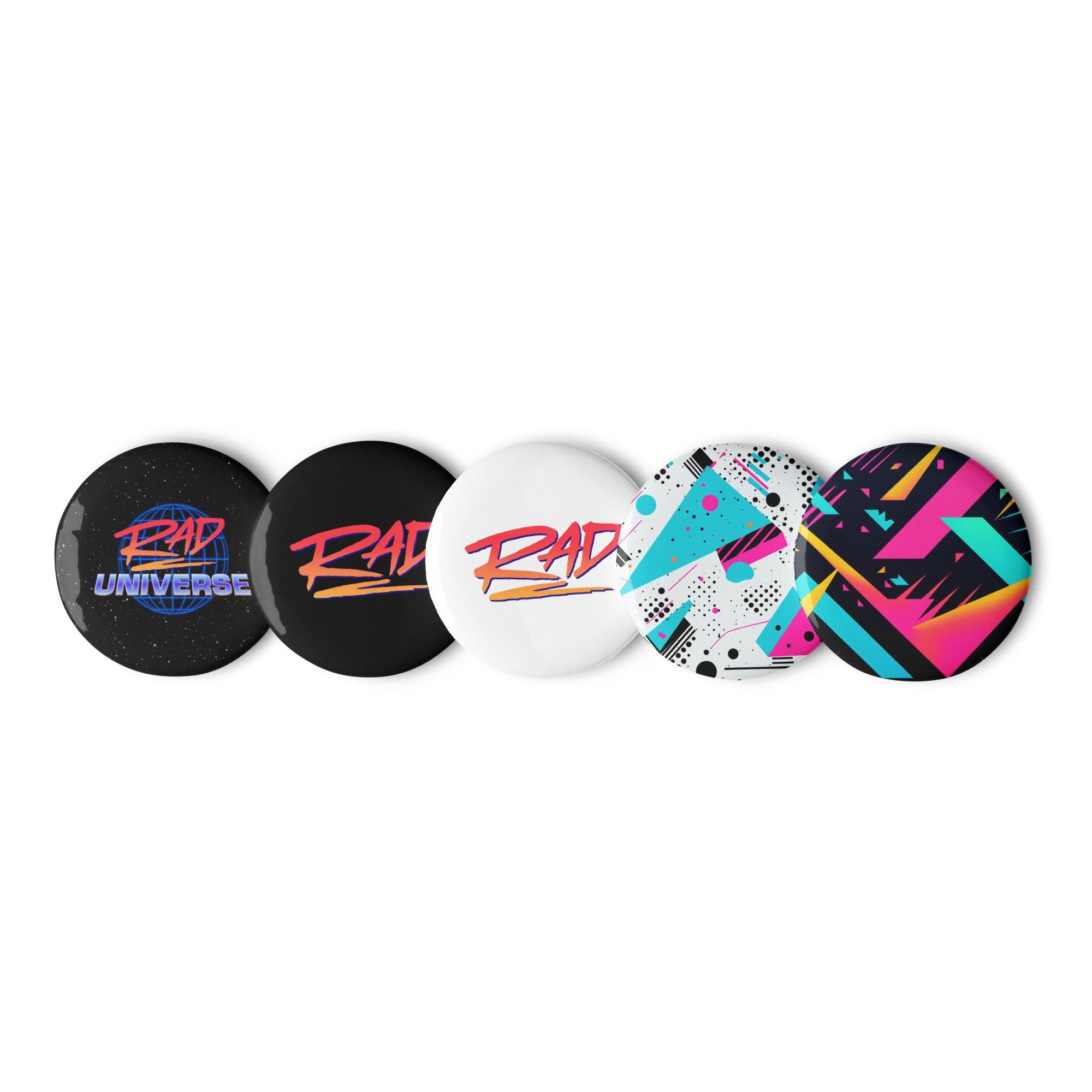 Rad Universe Set of 5 Pin Buttons, RAD, New Wave, Confetti, 80s, 90s, Retro Vibes, Radical, Funky, BMX, Skater Synthwave Aesthetic Nostalgia