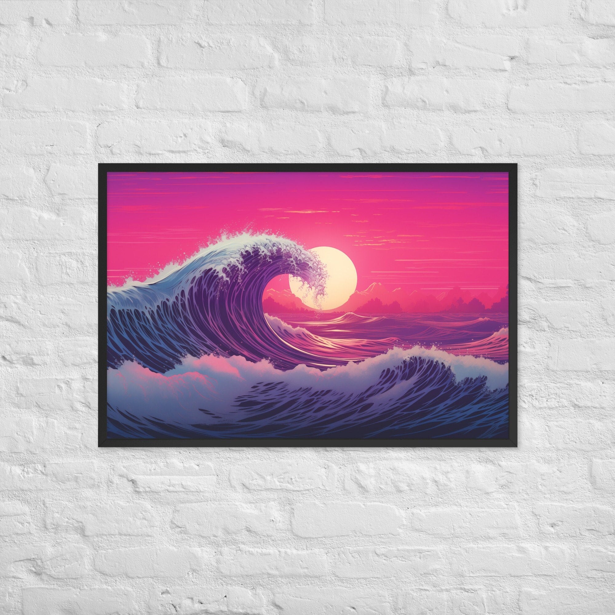 Retro Wave: Pink and Purple Tropical Landscape Framed Poster, Rad 80s, 90s, Japanese, Tidal Wave, Nostalgia Vaporwave Retrowave Ocean Dreams