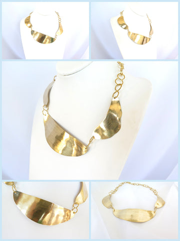 unique handmade metal jewelry, asymmetrical necklace, brushed gold necklace