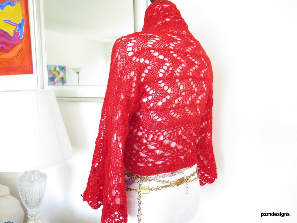 Bright Red Crochet Sweater Shrug, PZM Designs