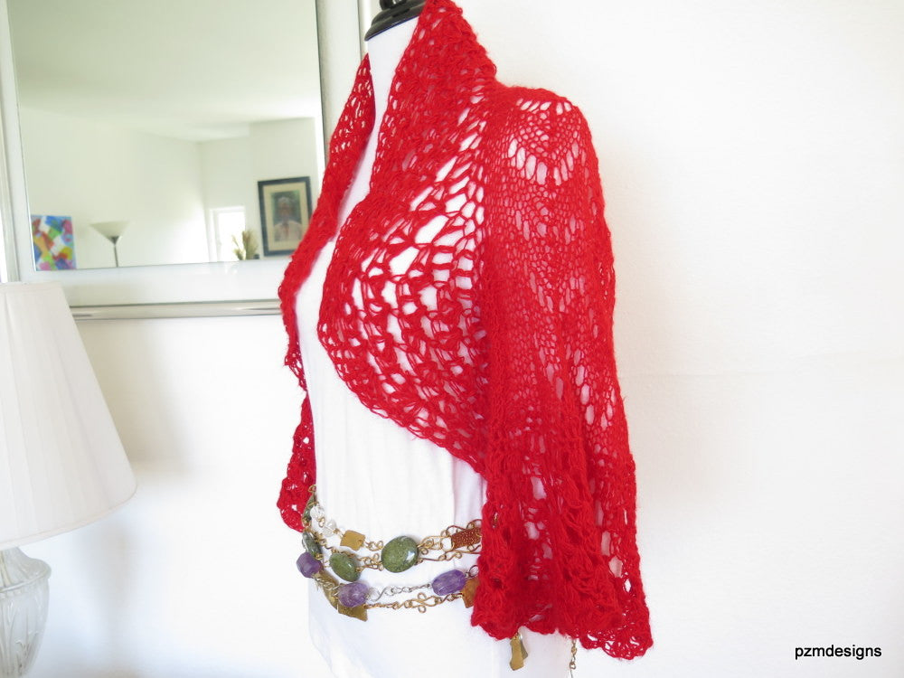 Bright Red Crochet Sweater Shrug, PZM Designs