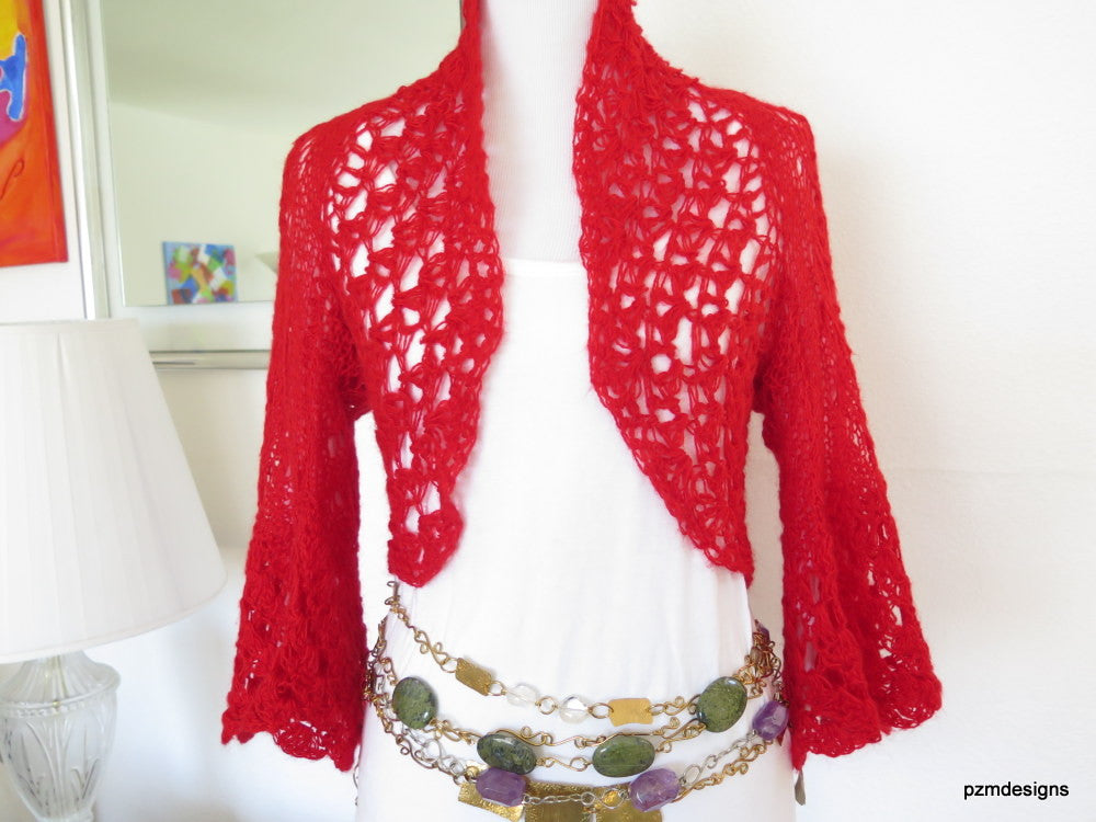 Bright Red Crochet Sweater Shrug, PZM Designs