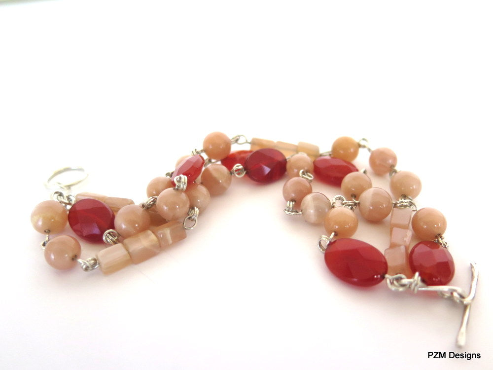 Download Peach Moonstone and Carnelian 3 Strand Bracelet, Gemstone Multi Strand - PZM Designs