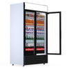 Discover the Efficiency of our 1000-Litre Display Fridge with Hinged Doors: Ideal for Commercial Use. This durable design is tailored for the rigorous demands of restaurants, bars, and cafes angle view with door open