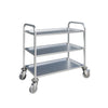 Enhance Your Service Efficiency with our 3-Tier Stainless Steel Dining/Clearing Trolley. Crafted for durability and versatility, this trolley is designed for use in restaurants, hotels, and catering services. Angle_view.