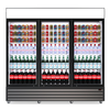 Front view of the fully stocked Borrelli Commercial Glass Door Display Fridge with various beverages, showcasing the fridge's capacity and effective lighting for enhanced product visibility