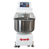 Front view of Borrelli 130Litre Spiral Dough Mixer with guard in place, showcasing the robust stainless steel bowl and user-friendly control panel for commercial baking needs.