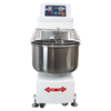 Frontal view of Borrelli Commercial 200ltr Spiral Dough Mixer with a stainless steel bowl and safety guard, designed for high-capacity baking needs in professional kitchens.