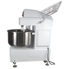 Side view of Borrelli 130Litre Spiral Dough Mixer with safety guard raised, highlighting the mixer’s accessibility for cleaning and maintenance in a professional bakery setting.