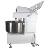 Side perspective of Borrelli's 200ltr Spiral Dough Mixer with the protective guard raised, featuring sturdy build and advanced mixing technology for consistent dough preparation.