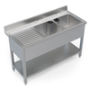 Angled view of the Borrelli Stainless Steel Double Bowl Sink with Left Hand Drainer, showing the sturdy construction and practical design for busy food service establishments.