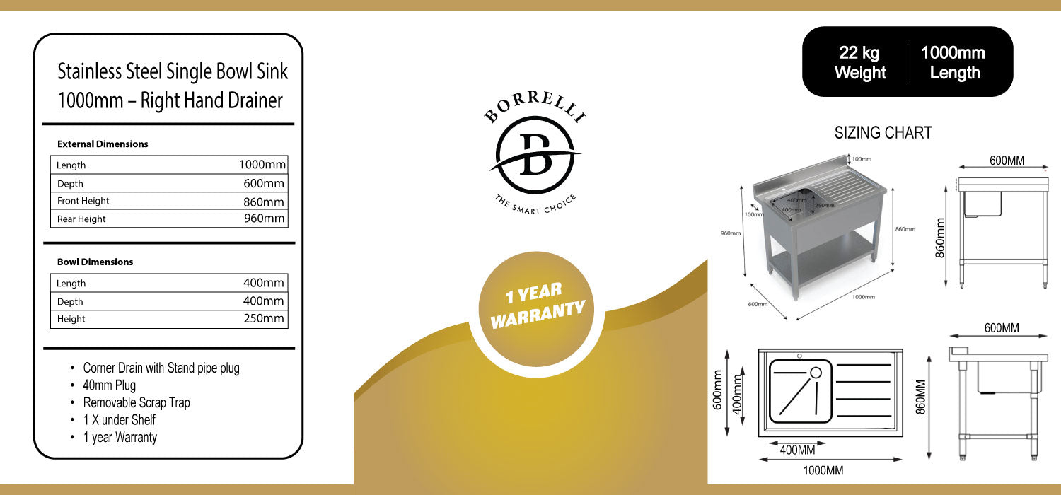 S/S_Single Bowl Right hand Drainer_sizing Chart