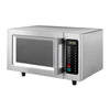 Compact 1000W stainless steel microwave oven with a 25L capacity and intuitive digital controls, suitable for quick and efficient cooking - side view.