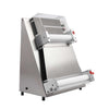Horizontal dough roller at an angle with safety guard open, showcasing the 15-inch rollers and control switches for precise dough thickness adjustments