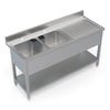 Heavy-duty 1600mm double bowl stainless steel sink for commercial use, featuring a convenient right-hand draining board for quick drying and workspace efficiency
