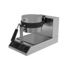 Single Belgian waffle maker with closed lid, compact design for cafes, showing controls