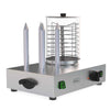 Left-angle view of professional hot dog steamer with four metallic bun warming spikes and adjustable temperature control, perfect for concession stands and snack bars.