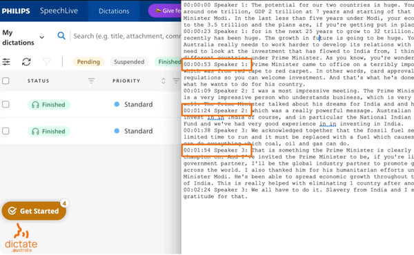 Philips Speechlive Speech-to-Text convert meeting interview audio to text with time coding and speaker diarization