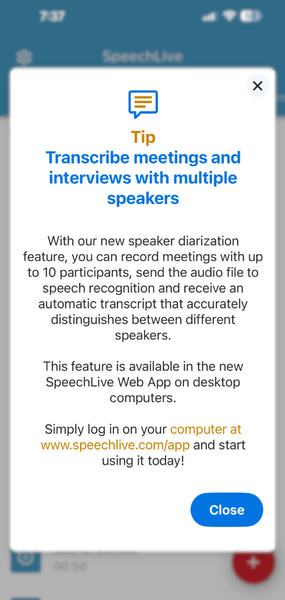 Philips Speechlive mobile app record multi speaker audio and convert to text speaker diarization