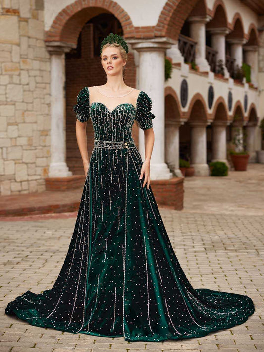 Emerald Green Lace Beaded Sweetheart Sequin Long Sleeve Ball Gown