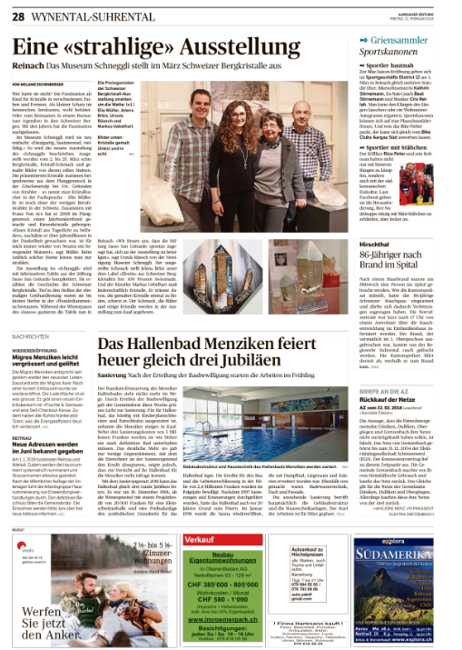 Aargauer Zeitung über ELVETIA und die Ausstellung Schweizer Bergkristalle in Reinach AG