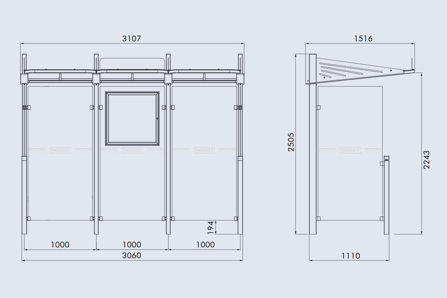 Procity Conviviale Bus Shelter Dimensions Diagram Specs