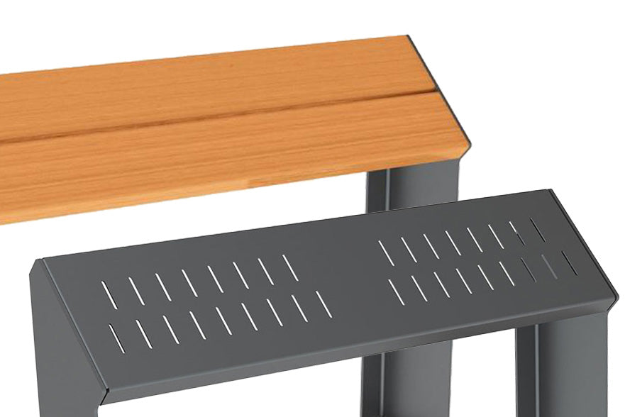 Close Up Of The Procity Kube Perch Leaning Bench Wood and Steel Seat Finish