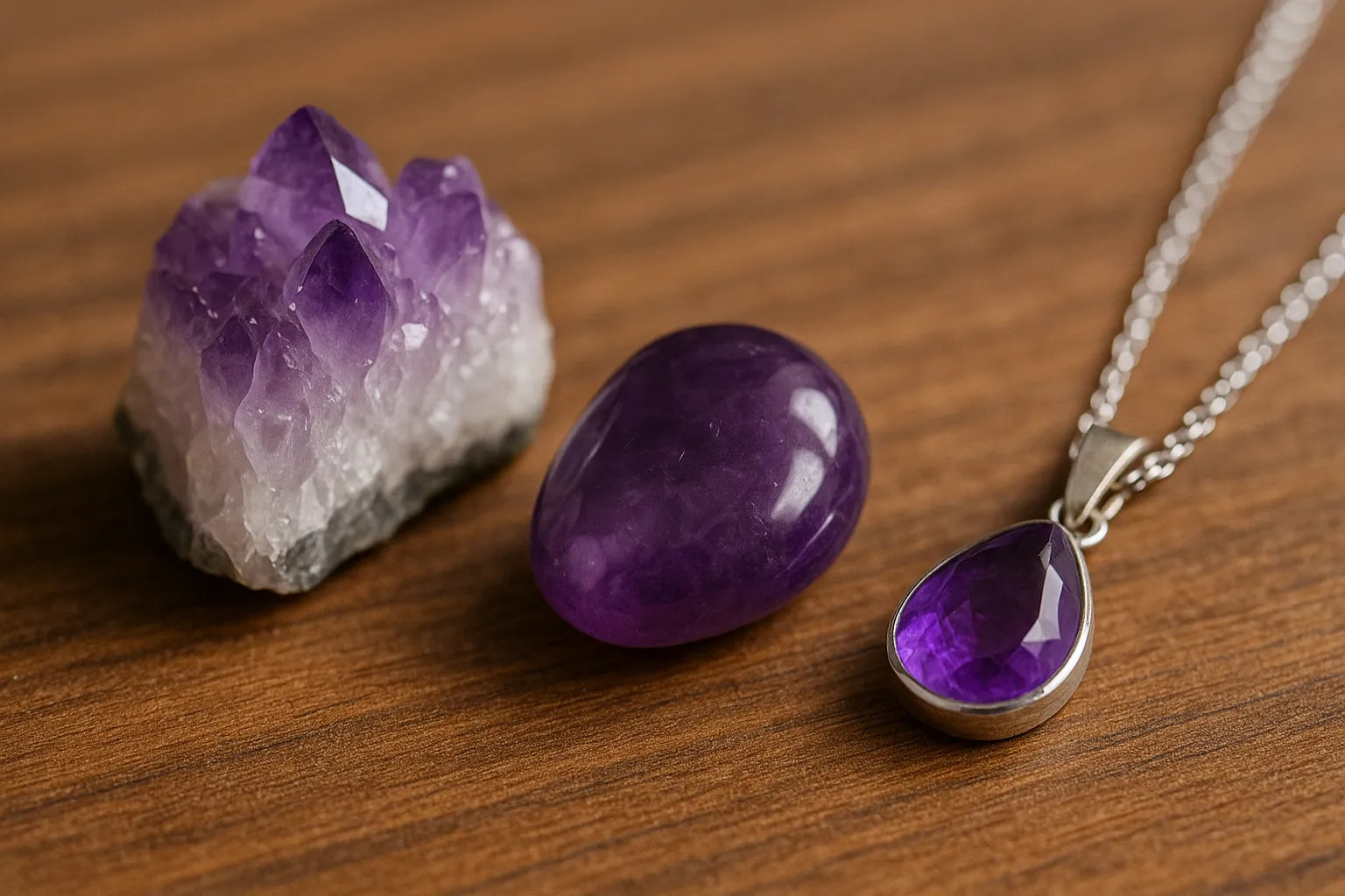 image haute qualité de l'améthyste sous différentes formes : brute, roulée et en bijou.