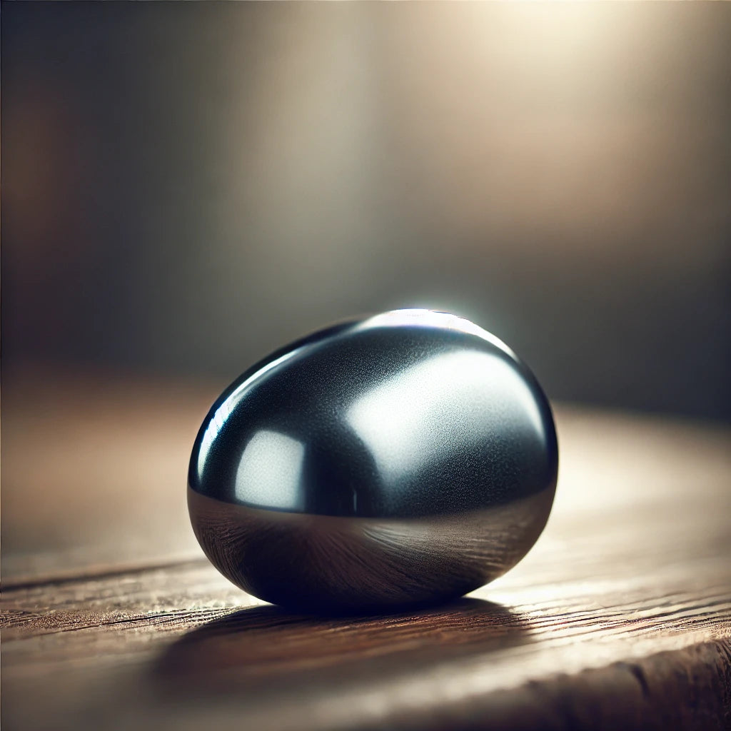 Photographie ultra réaliste d'une hématite polie à la surface métallique gris profond, posée sur une surface en bois avec un éclairage doux et naturel