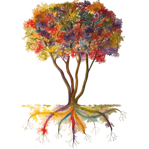 Rooted in Language Rainbow Tree Logo