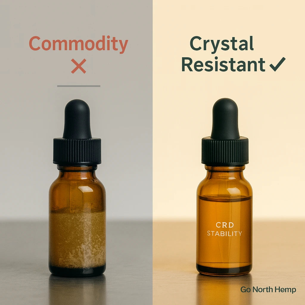 Two vials side-by-side: left cloudy with crystals, right clear golden CRD.