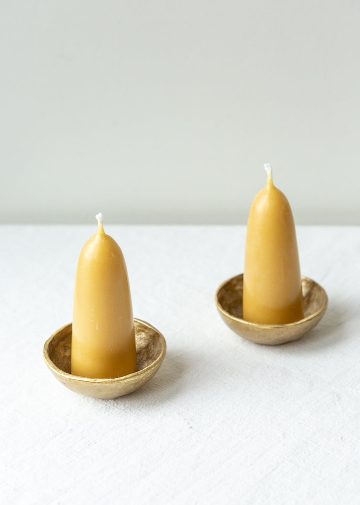 Beeswax stubby candles and holders