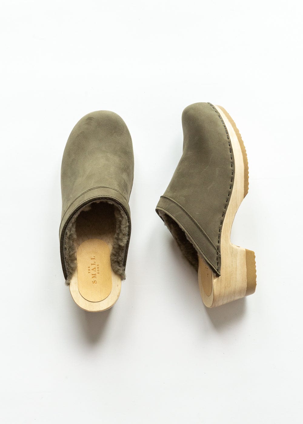 Mid Heel Shearling Clogs - Olive