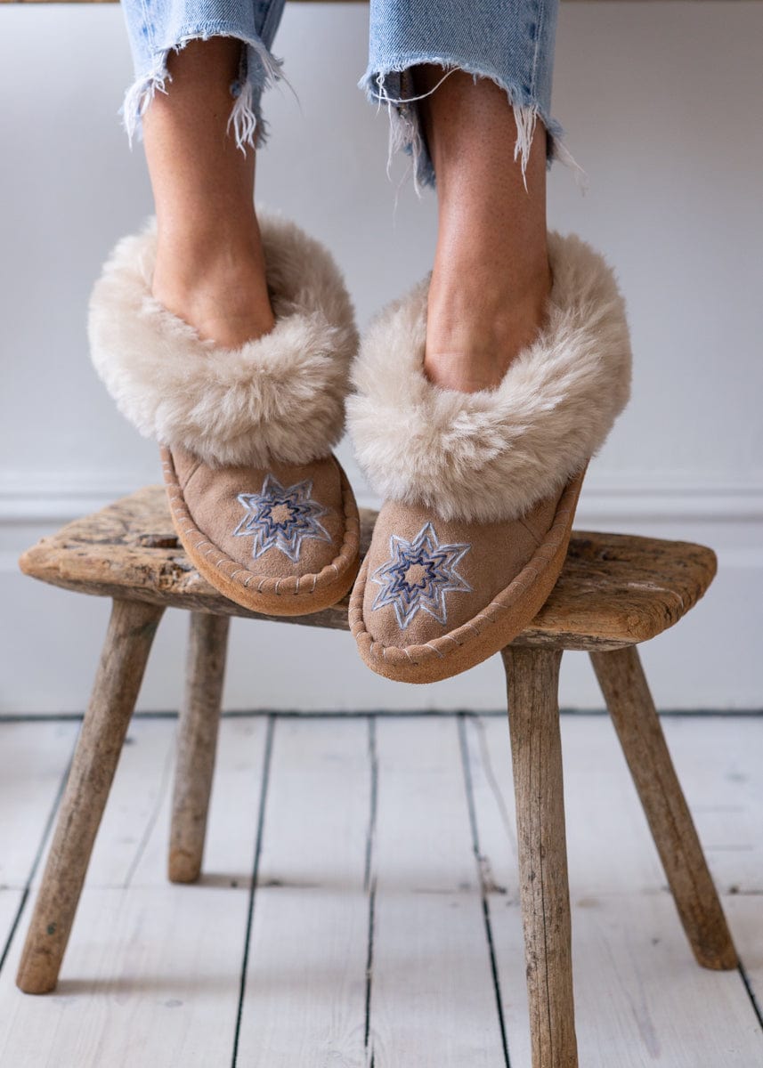 Women's Sheepskin Moccasin Slippers – Estrella – Beige/Blue