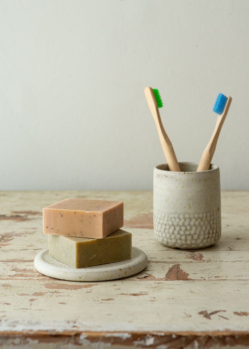 Stoneware Carved Toothbrush Holder