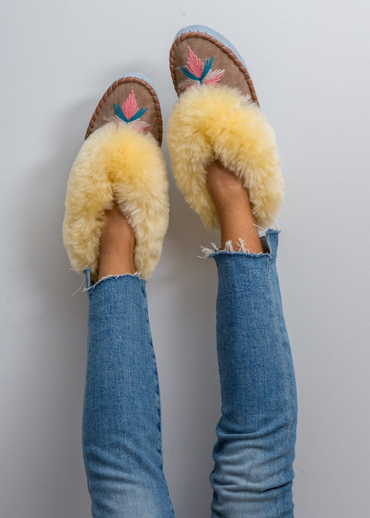 embroidered sheepskin moccasin slippers