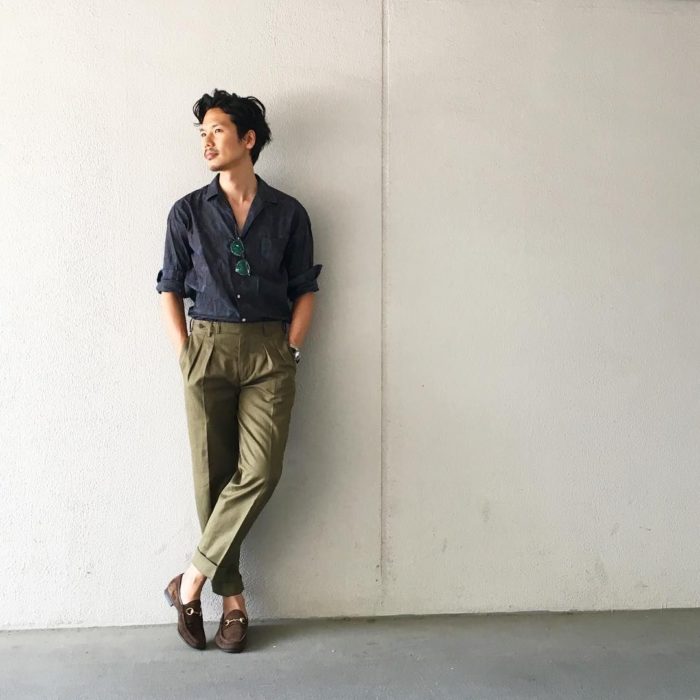 man green pants shirt denim back wall moccasins bit