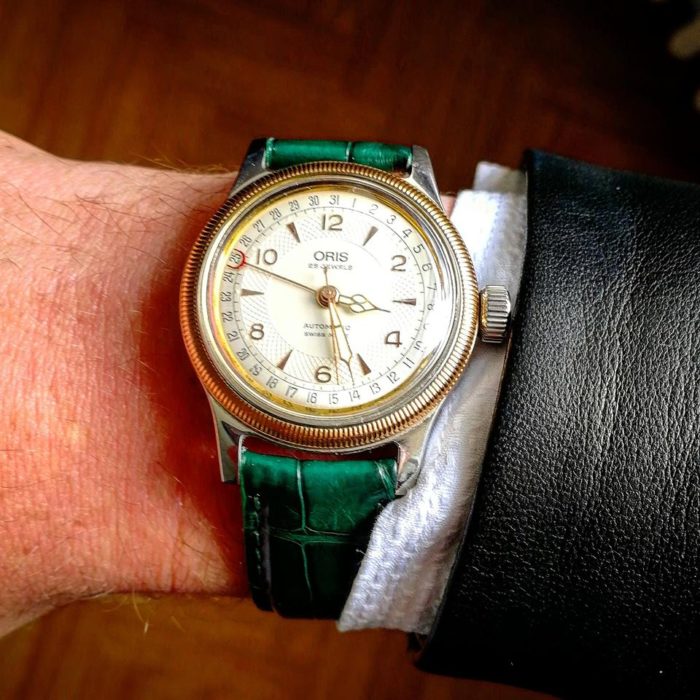 Oris Big Crown Pointer Date in the sun watch green leather strap