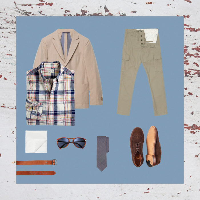 Gant jacket, J.Crew shirt, MAN 1924 cargo pants, Pochette Square clutch, Balibaris belt, Persol glasses, Brooks Brothers tie, Grant Stone brogue