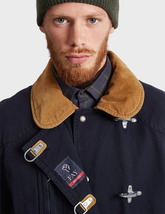 navy blue parka with brown velvet collar