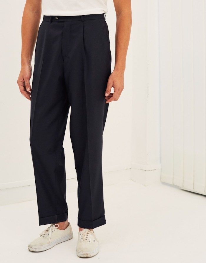 wide blue wool carrot cut pants