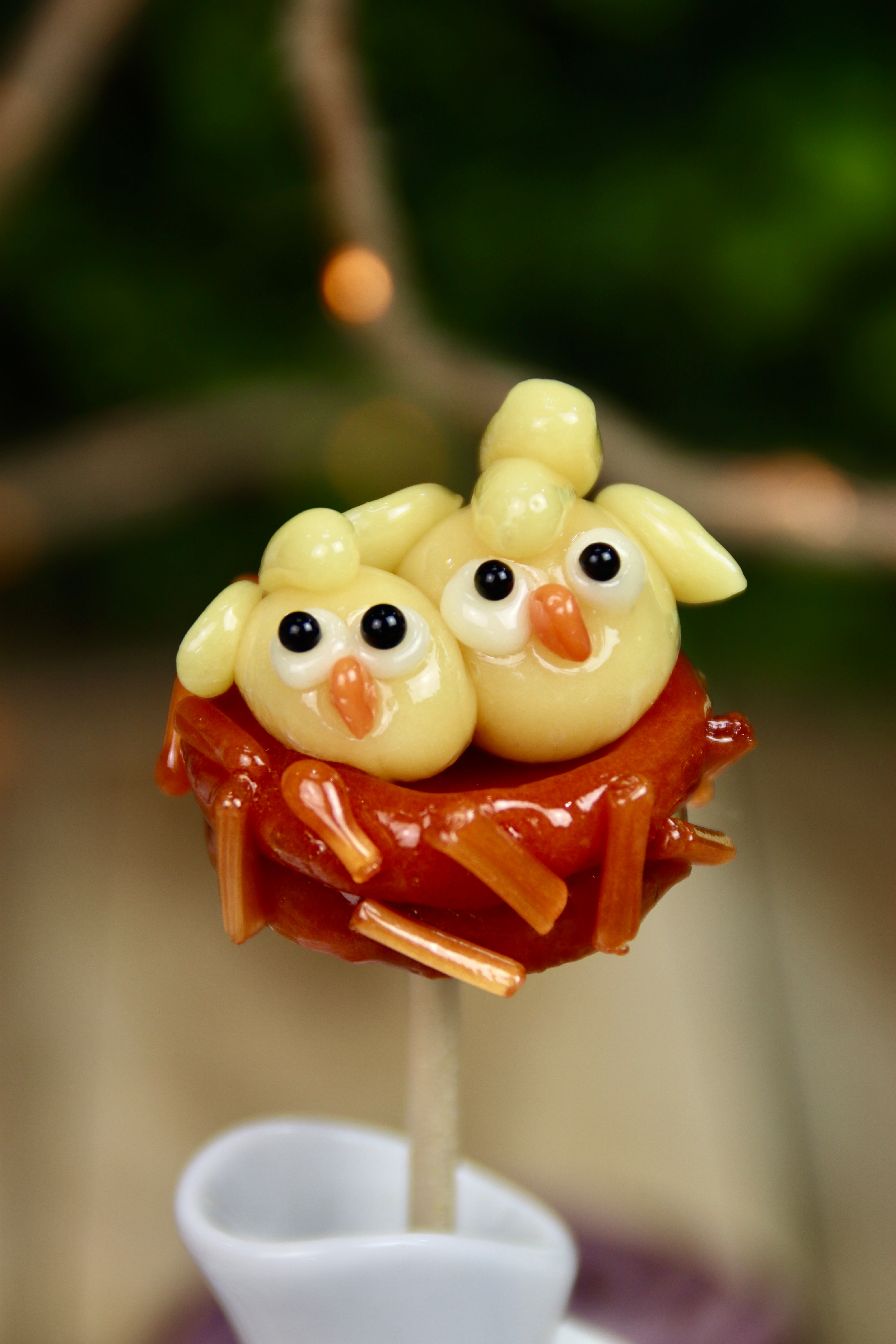 Sucette artisanale sculptée représentant deux petits poussins à la pêche, nichés dans un nid au caramel beurre salé. Une création minutieuse et gourmande, parfaite pour célébrer le printemps et Pâques.
