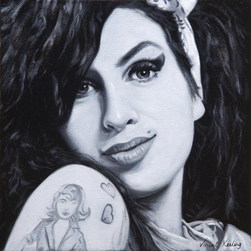 Black and white oil painting of Amy Winehouse