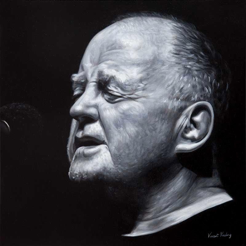 Oil painting of Irish folk singer Christy Moore