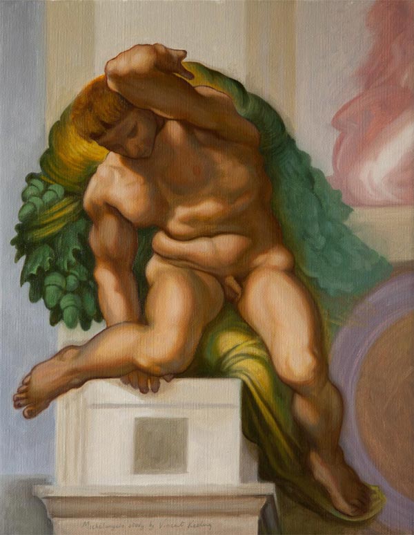 Oil painting copy of a Michelangelo Ignudi figure from the Sistine Chapel