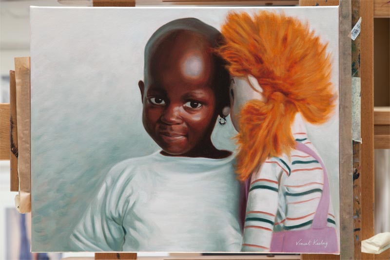 Colour portrait painting of a little girl with doll