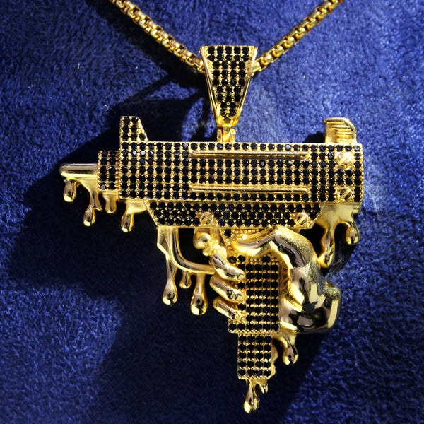 Sterling Silver Drip Hand Holding Uzi Gun Hiphop Pendant | Master of Bling