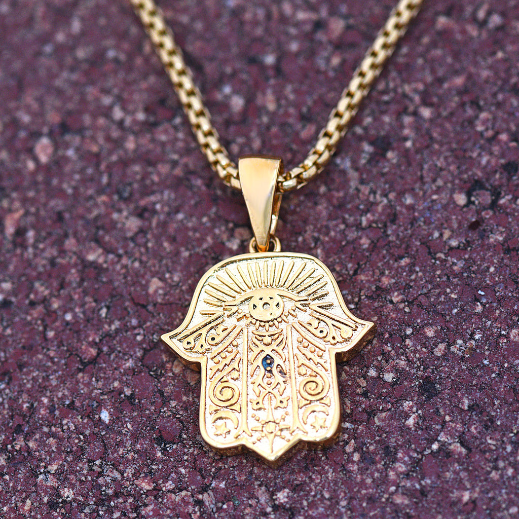 Mini Hamsa Hand Pendant Necklace 18K Gold Finish Evil Eye | Master of Bling
