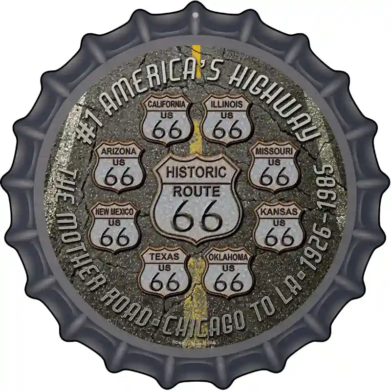 ROUTE 66 Black Top Novelty Metal Bottle Cap Sign BC-657